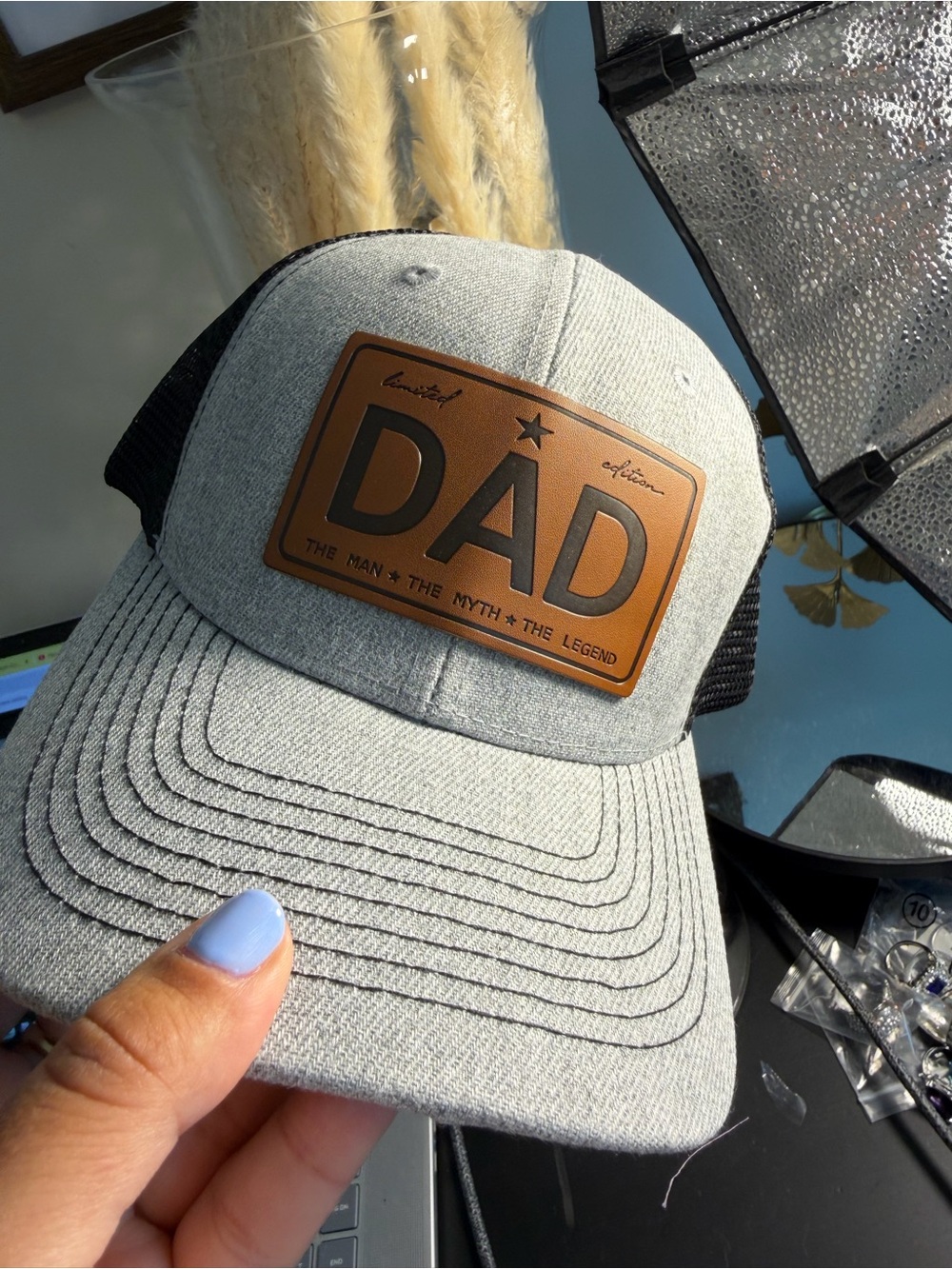 DAD The Man, The Myth, The Legend. Leather Patch Hat - Gray with Black Mesh.